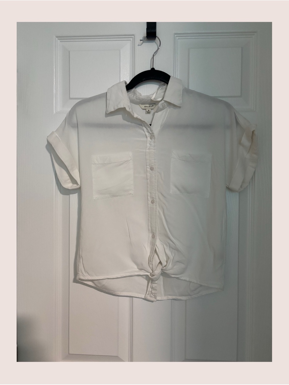 White Short-Sleeve Button-Up Shirt with Front Tie